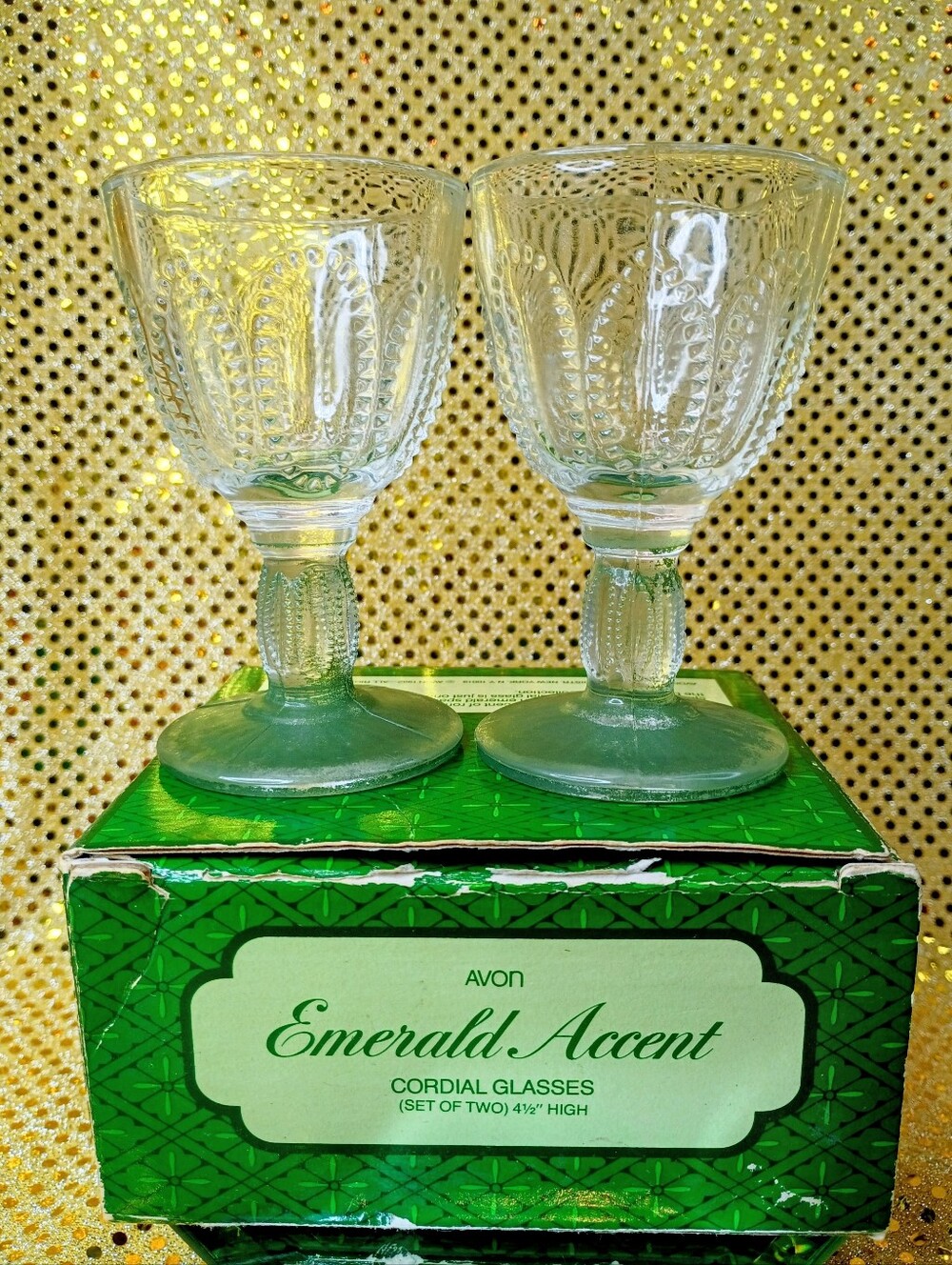 Avon Emerald Accent Light Green Cordial Glasses - Pair